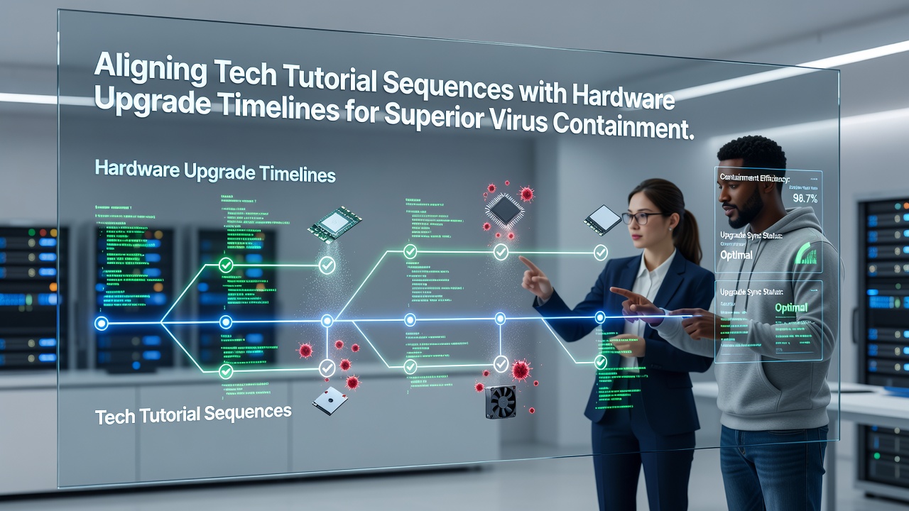 Illustration of synchronized tech tutorial timelines and hardware upgrade schedules for virus protection