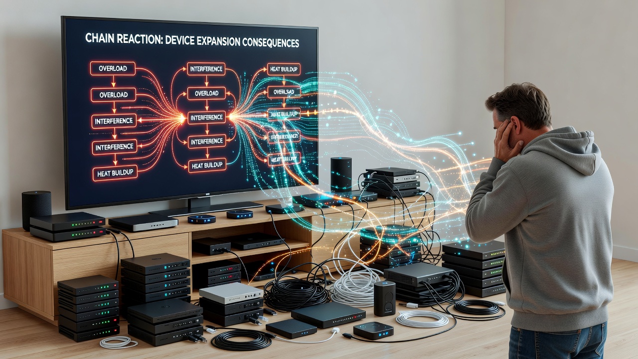 Home network with multiple connected devices showing signal interference and expansion patterns