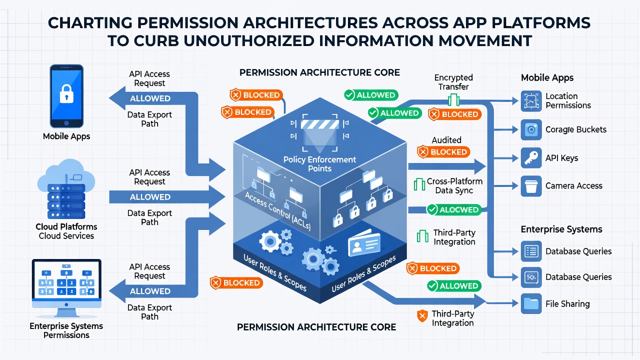 Illustration of mobile device permission flows and unauthorized movement prevention strategies