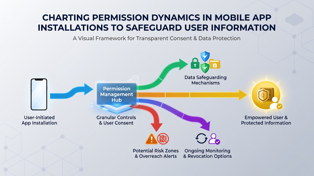 Diagram illustrating permission request flows and data protection layers in mobile environments
