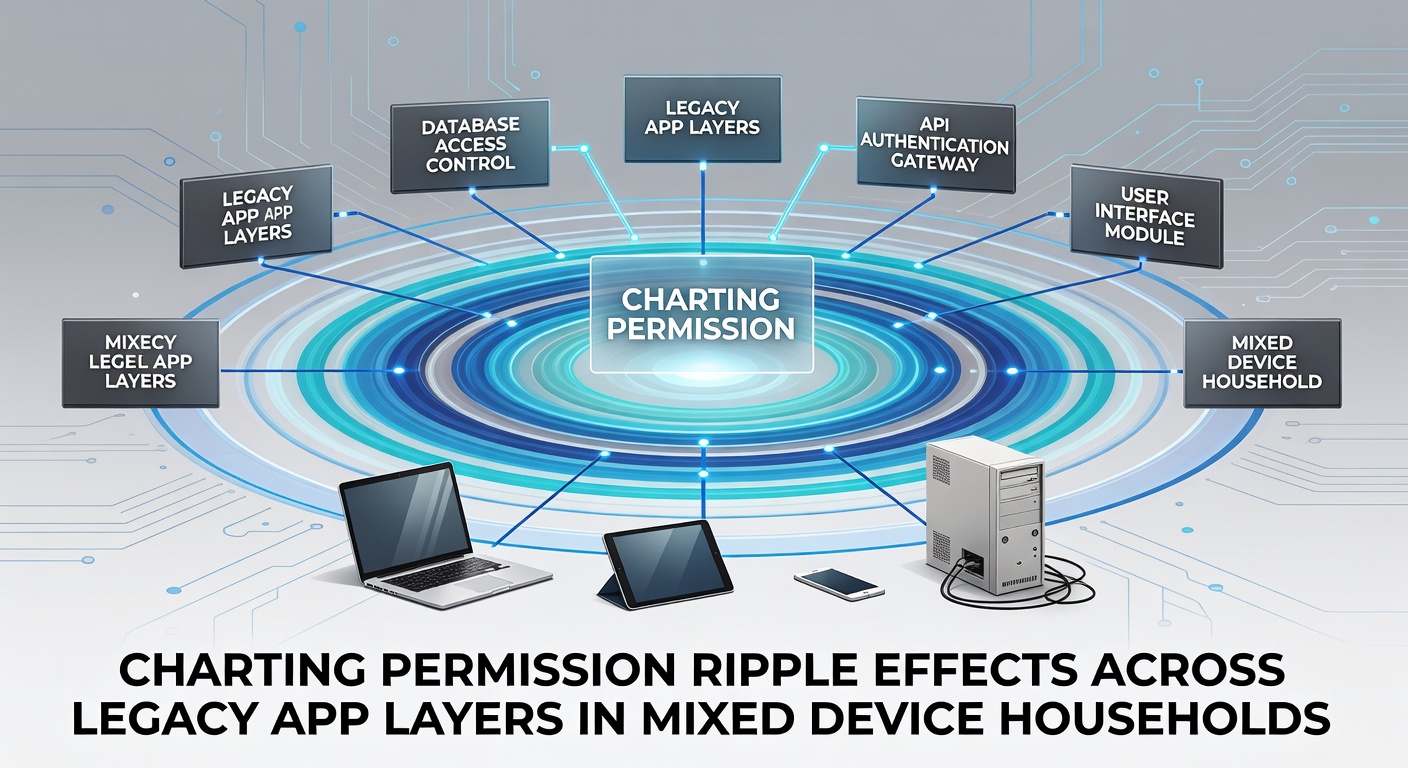 Diagram showing permission flows between legacy and modern apps on various household devices