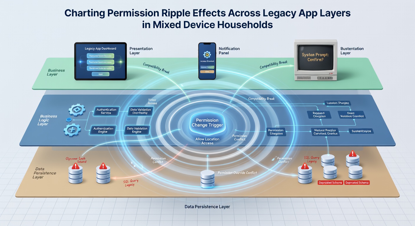 Illustration of data flow paths between outdated application layers in a multi-device home setup