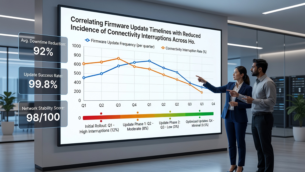 Graph illustrating reduced connectivity interruptions following firmware rollout schedules in monitored residential networks