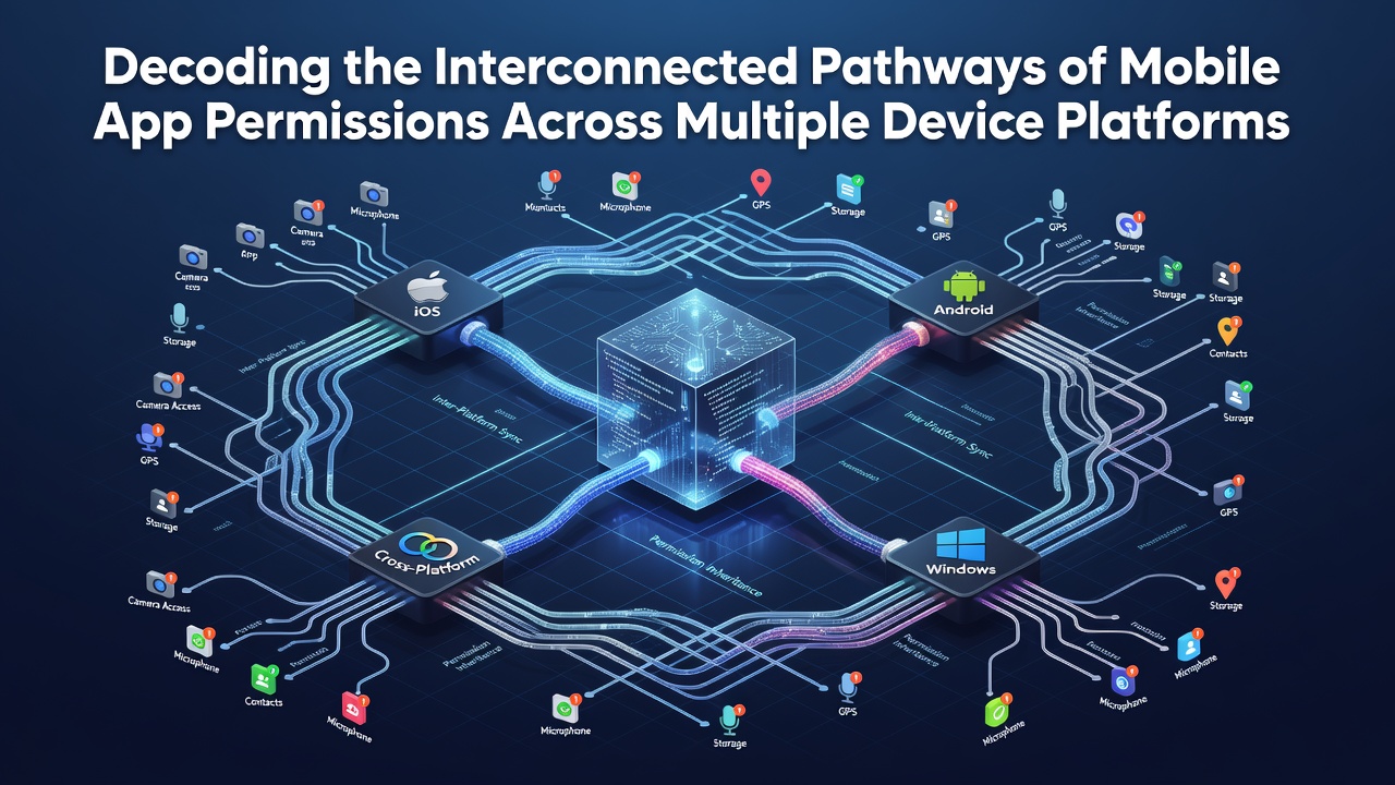 Diagram showing interconnected permission pathways between Android, iOS, and other mobile platforms with data flow arrows