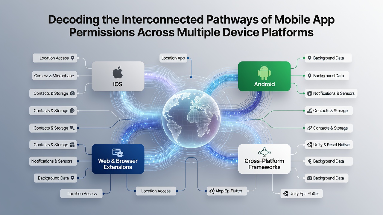 Illustration of permission synchronization between smartphone, tablet, and wearable devices with highlighted data pathways