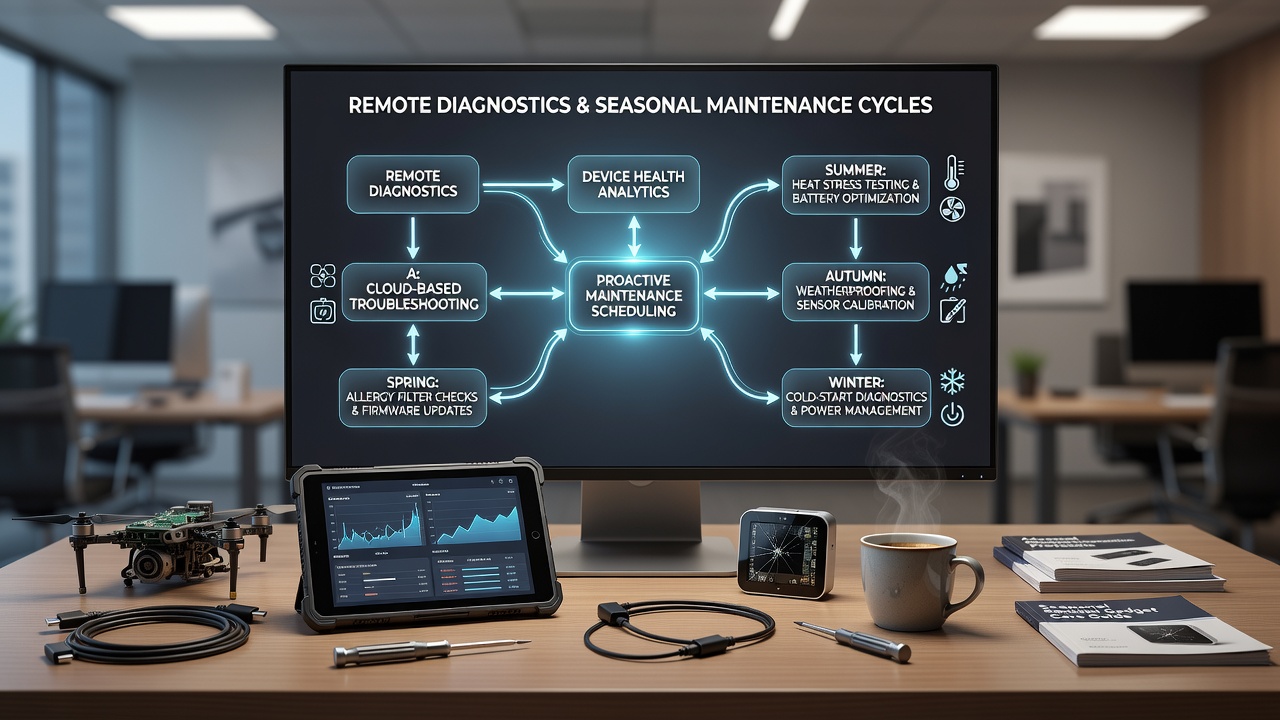 Dashboard showing seasonal maintenance alerts for home networks and connected gadgets