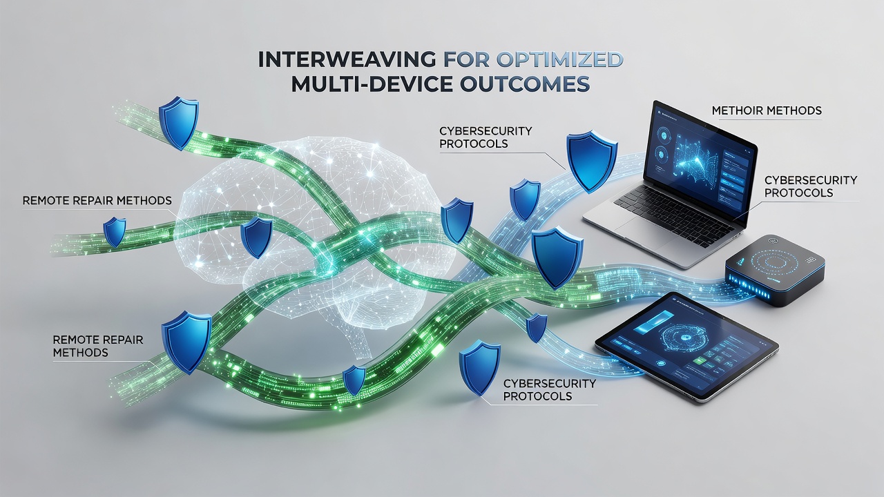 Cybersecurity protocols overlaid on remote repair interfaces for synchronized multi-device operations