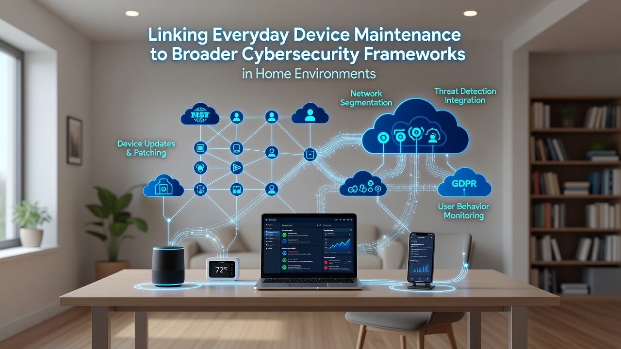 Diagram showing home devices linked through maintenance routines to overarching cybersecurity framework elements like updates and monitoring
