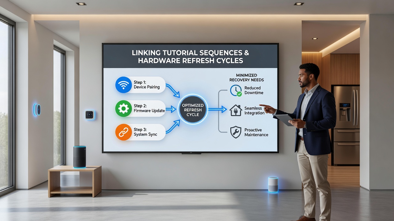 Smart home network dashboard displaying synchronized update and tutorial progress