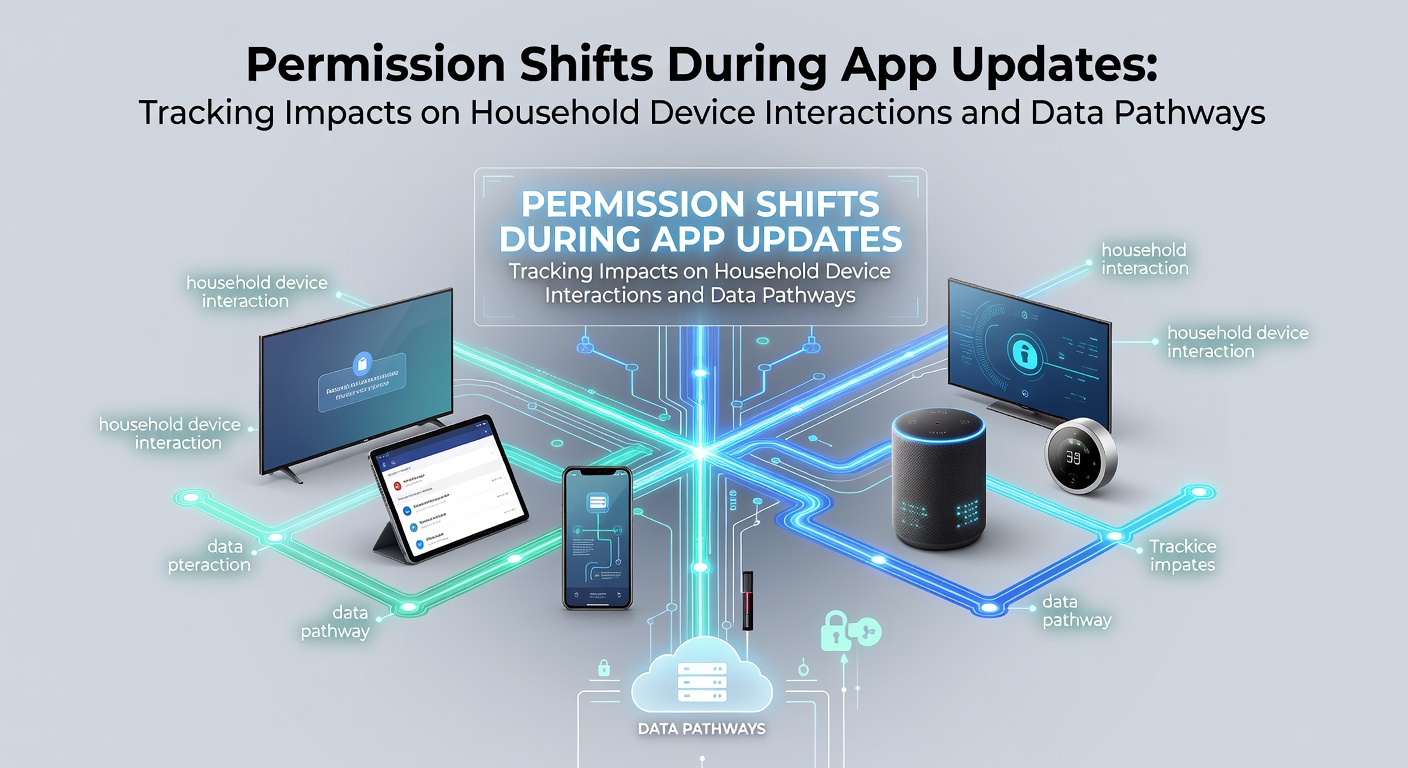 Illustration of permission request screens appearing on multiple household devices during an app update cycle