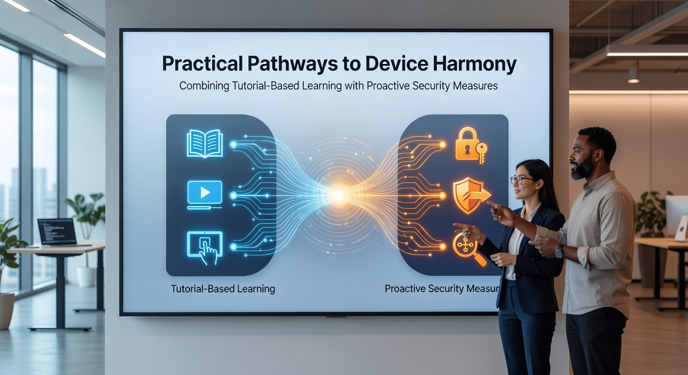 Multiple devices connected securely on a home network with tutorial overlays and security icons