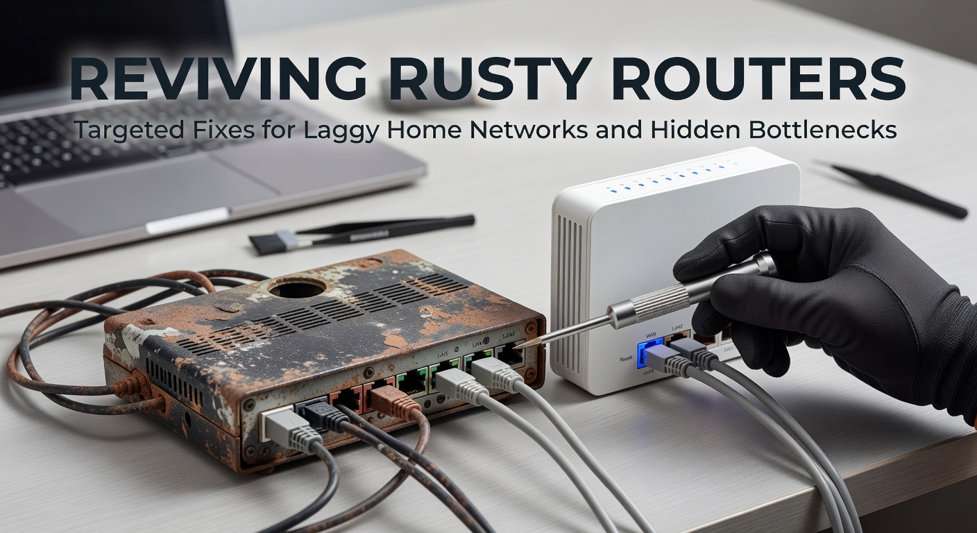 A close-up view of an older router with dust buildup and blinking lights, symbolizing common home network issues