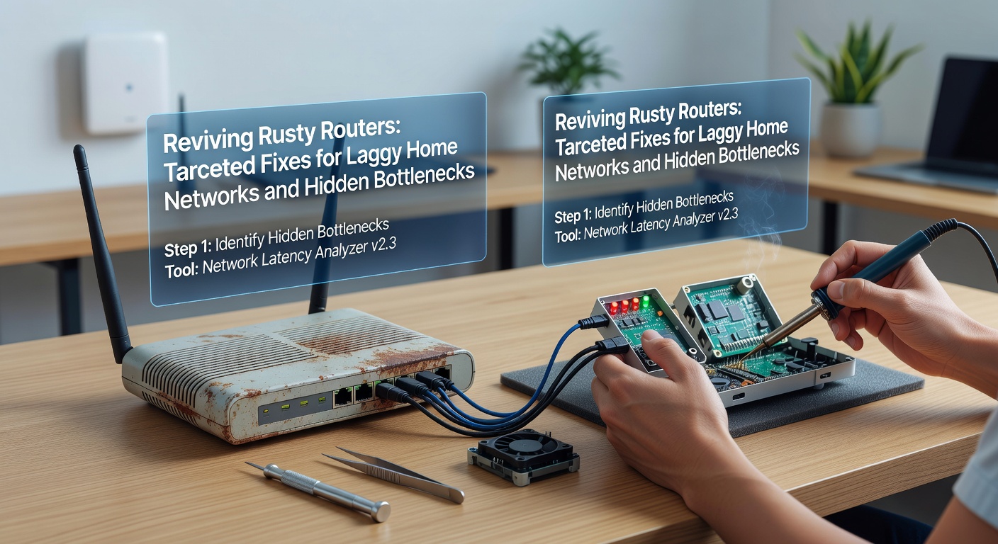 Illustration of router optimization tools on a laptop screen, including channel scanners and firmware update interfaces