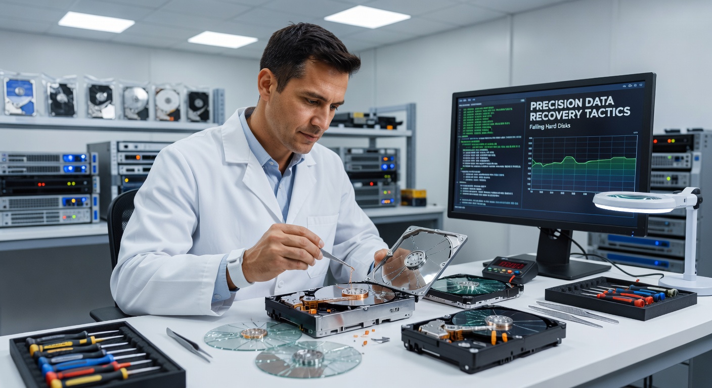 Technician in a cleanroom suit working on a hard drive under magnification, with specialized tools for head swaps and platter imaging