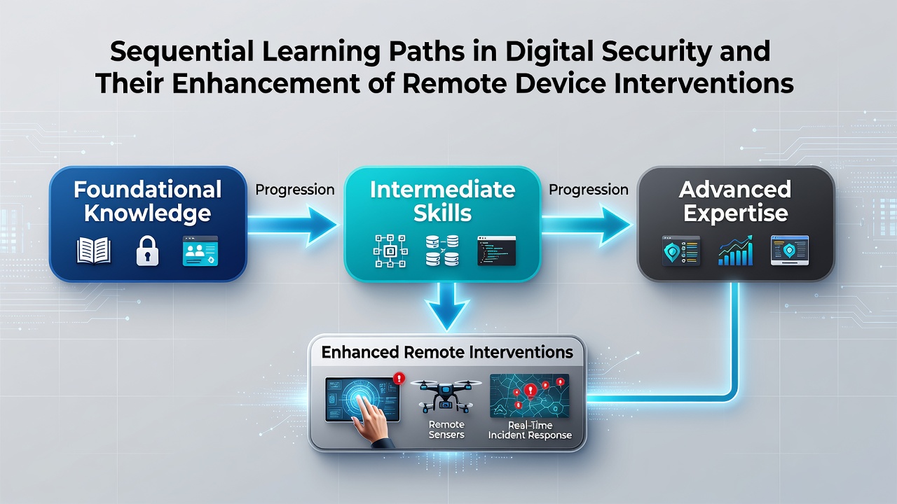 Flowchart showing progression from basic security concepts to advanced remote intervention techniques in digital environments