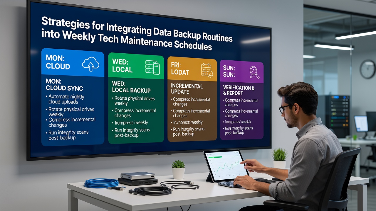 Technician reviewing backup logs during a scheduled device maintenance session