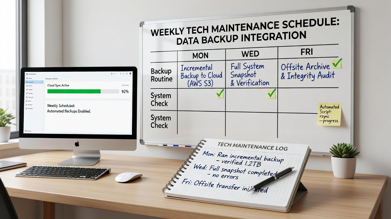 Dashboard displaying backup status across multiple devices during weekly maintenance
