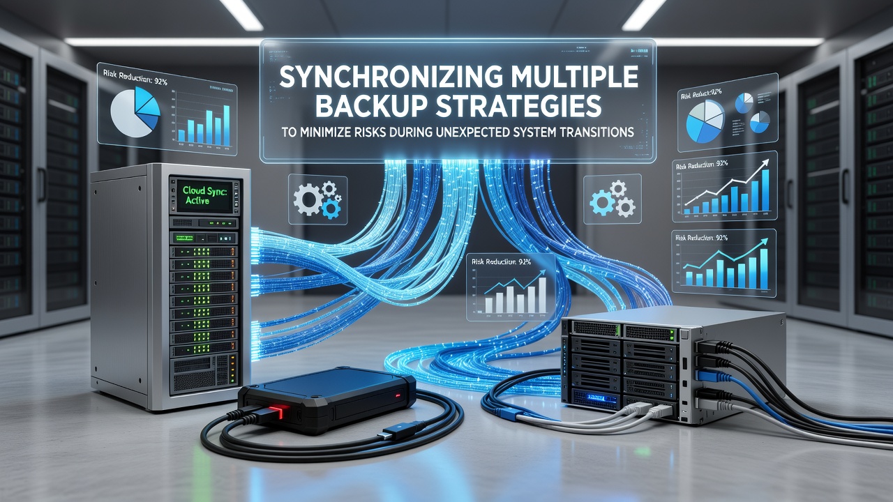 Diagram showing synchronized backup layers across local storage, cloud repositories, and incremental snapshots during a system migration process