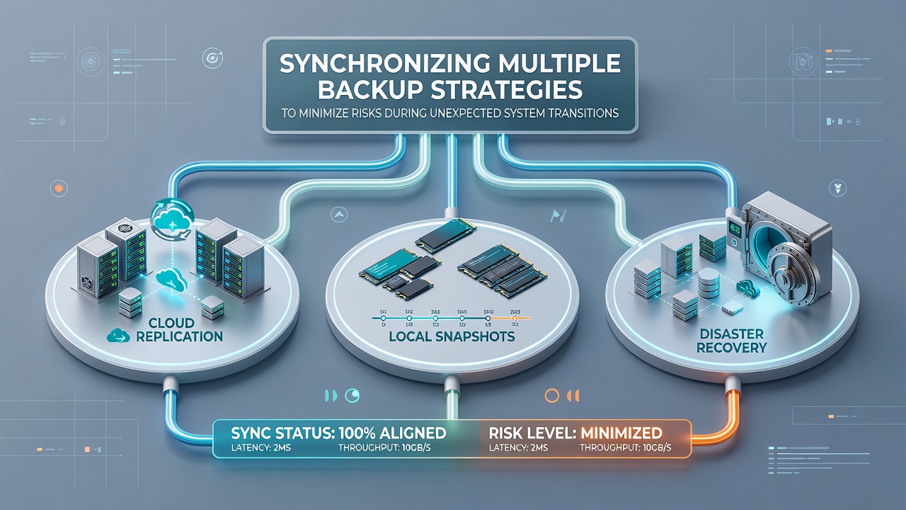 Screenshot of a backup orchestration dashboard displaying synchronized recovery points across multiple storage tiers with checksum validation results