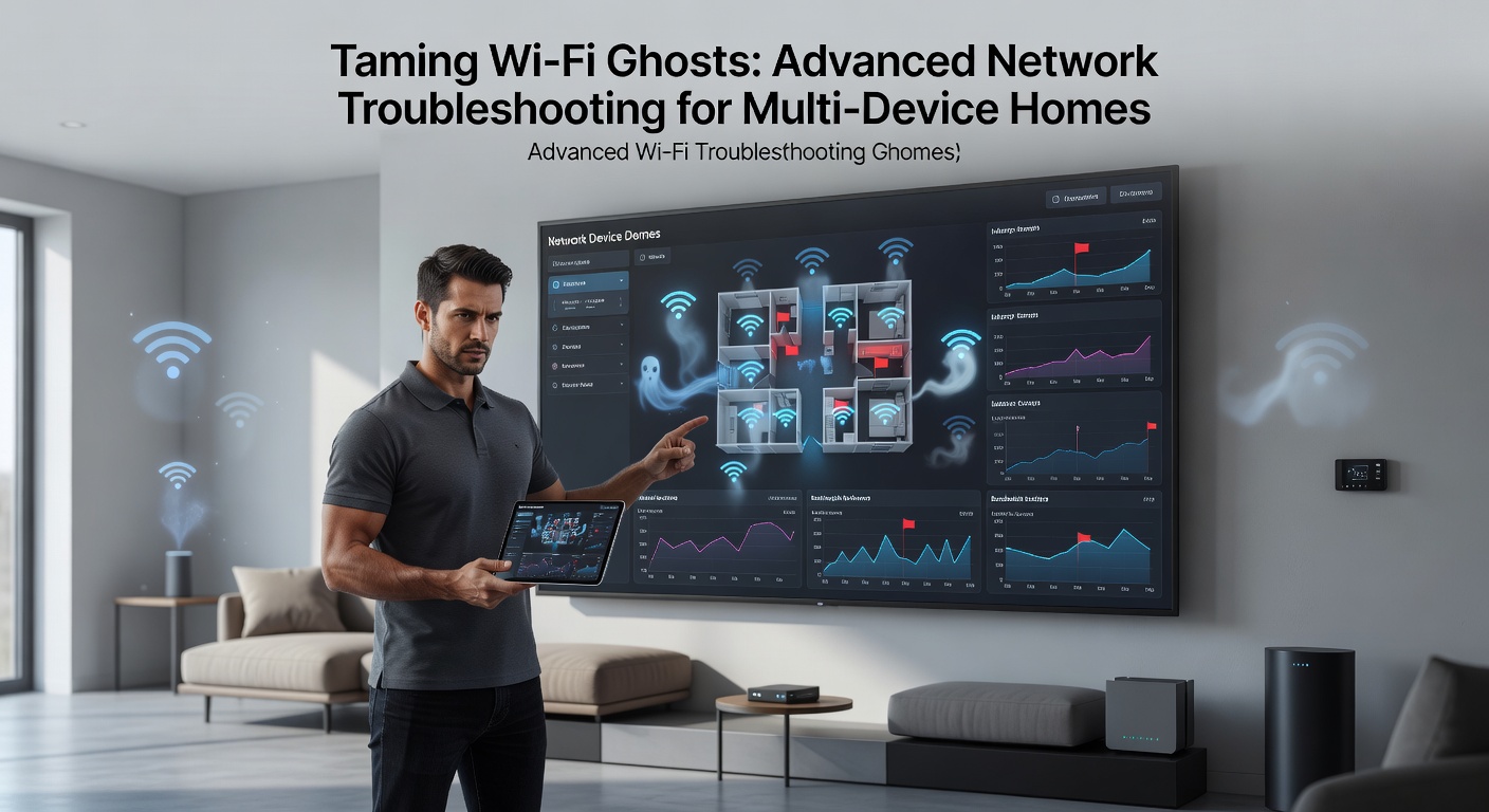 A cluttered home network setup with multiple devices connected to a router, illustrating Wi-Fi interference challenges in multi-device environments
