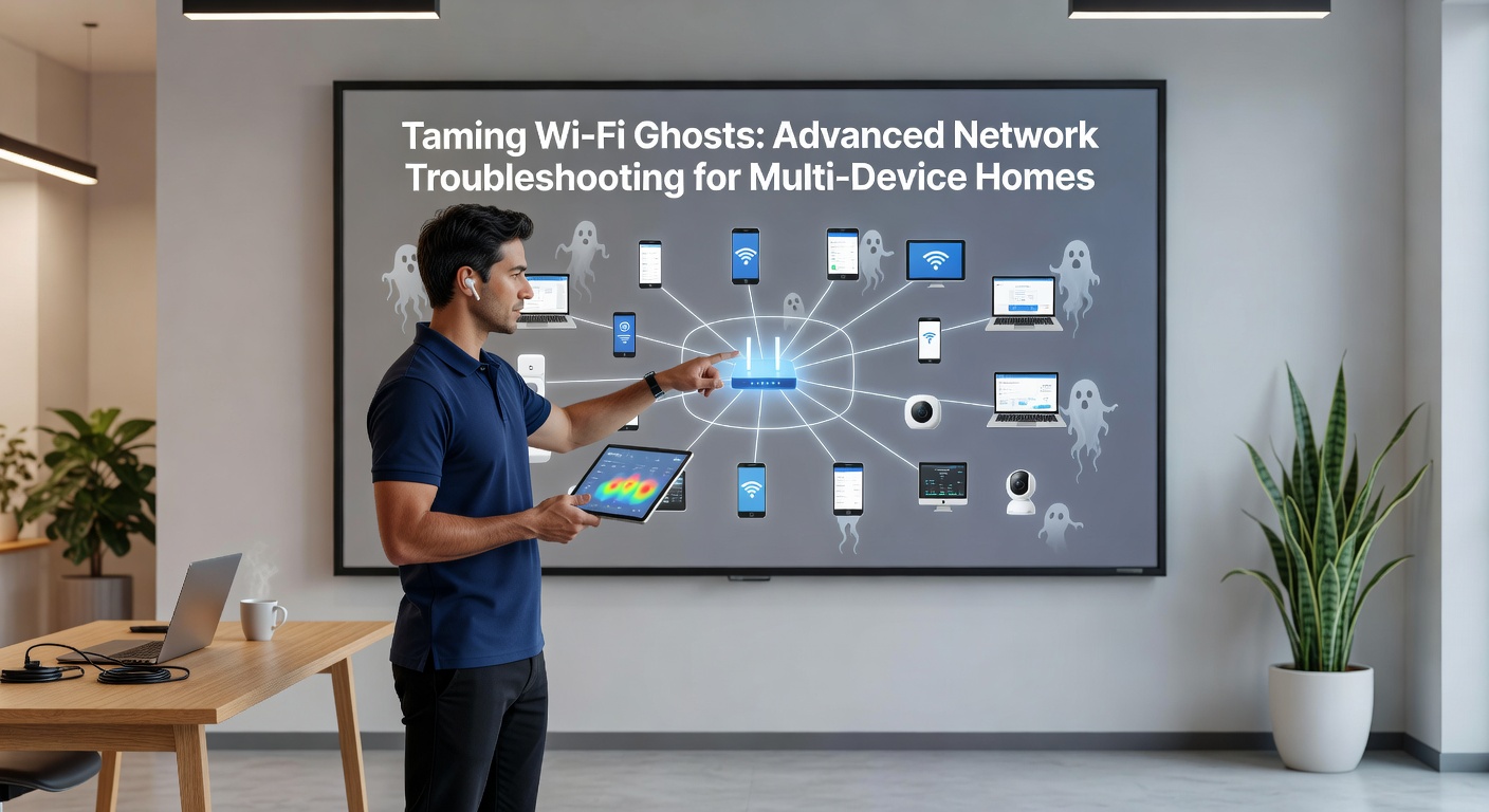 Advanced Wi-Fi analyzer tool displaying spectrum graph with interference peaks and channel overlaps in a busy home network