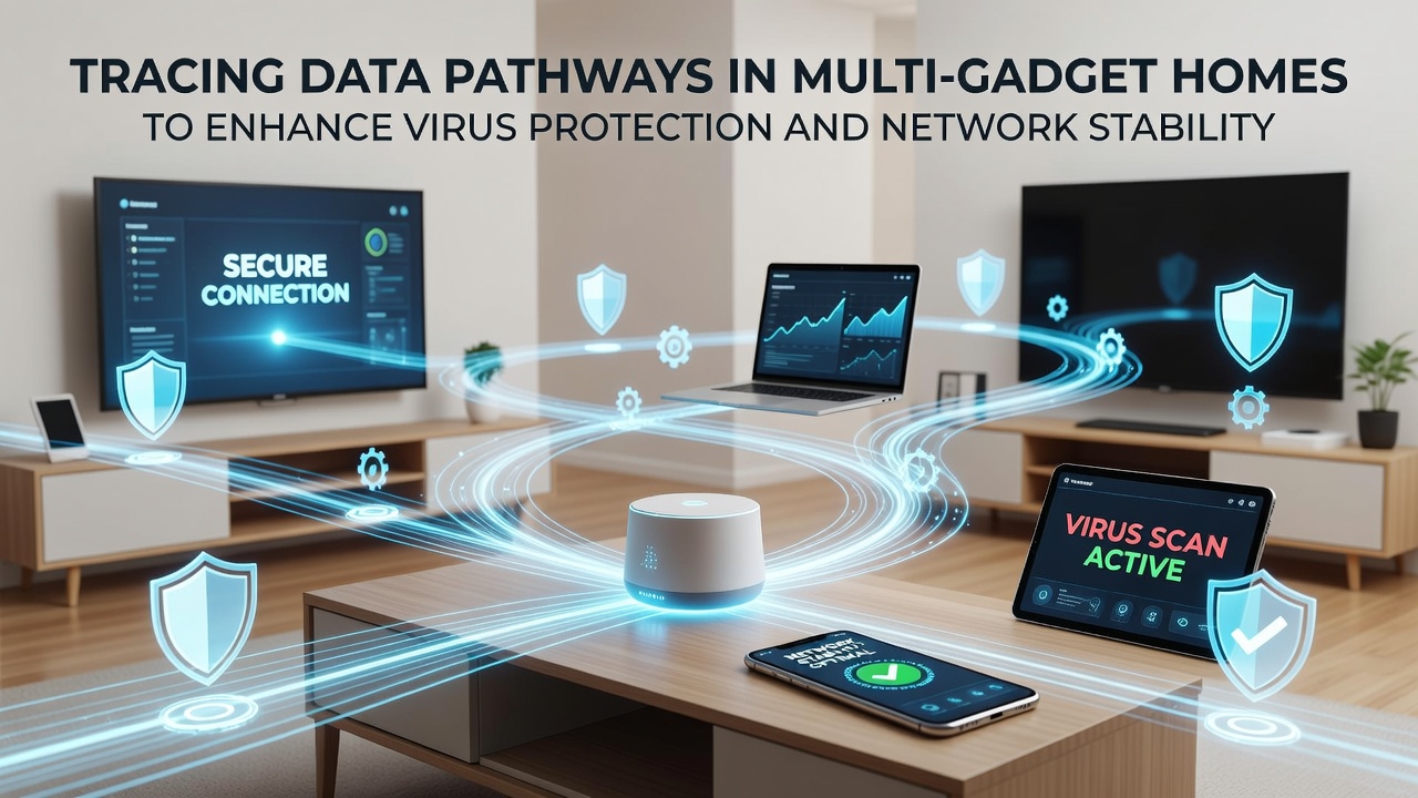 Illustration of secure data flow analysis on a tablet displaying connected home network nodes and threat indicators
