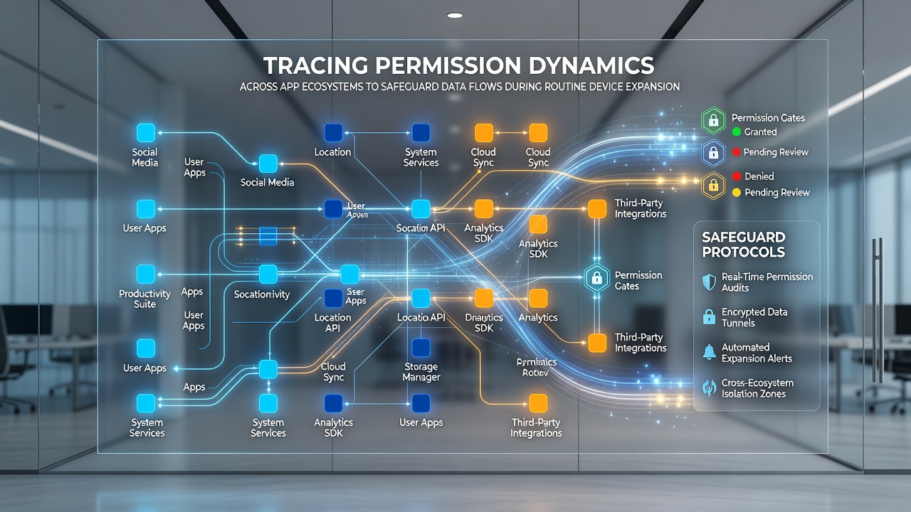 Illustration of data flow mapping between apps on multiple devices with highlighted permission boundaries