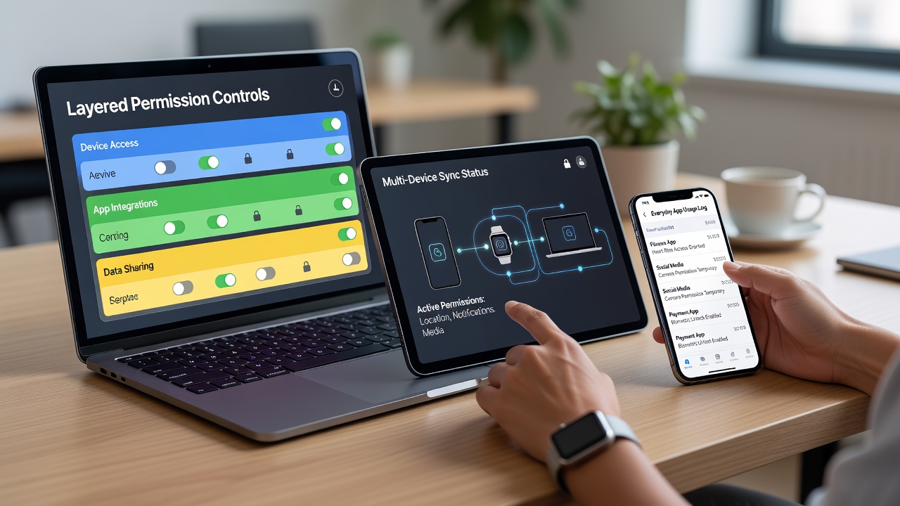 Illustration of multiple devices connected through app permission layers showing data flow controls across smartphones, tablets, and laptops
