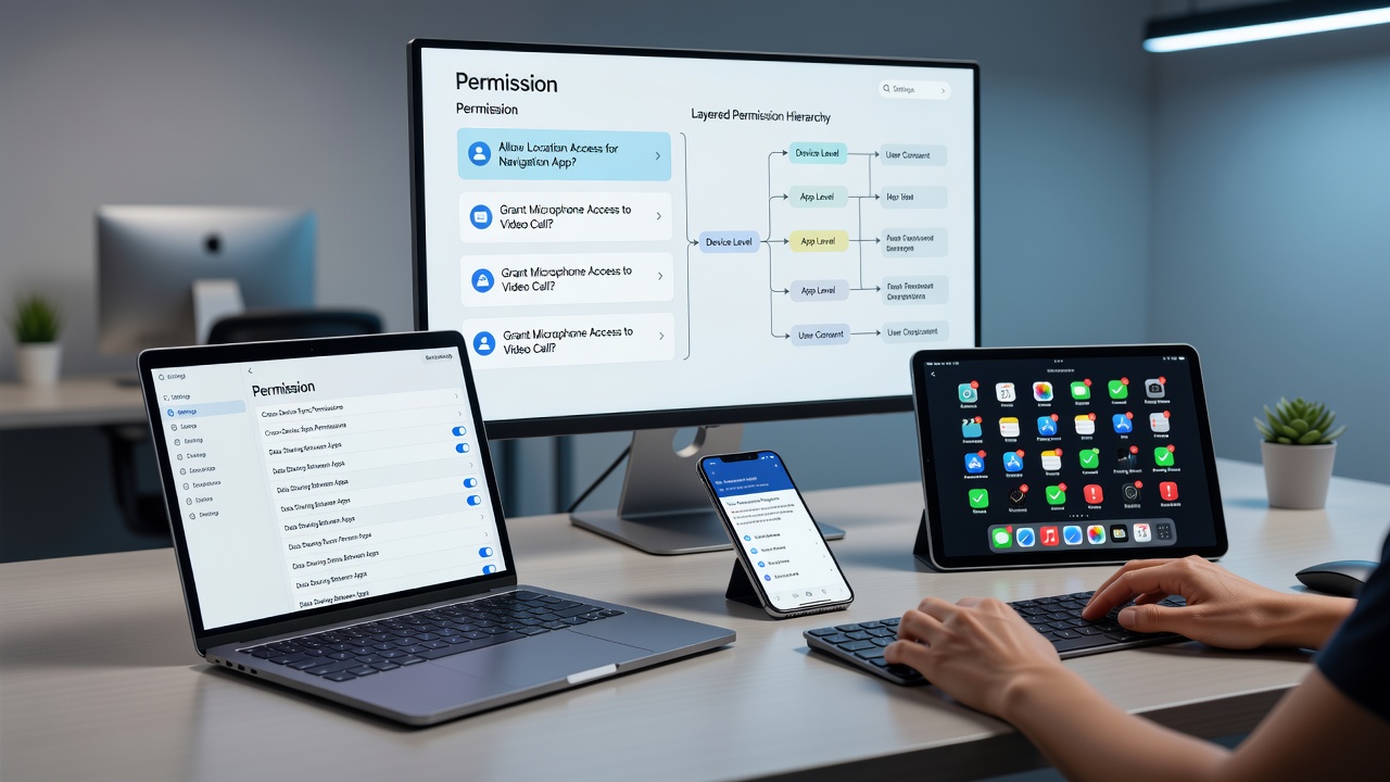 Diagram depicting permission control layers in action across synchronized devices with arrows showing isolated data pathways and approval checkpoints